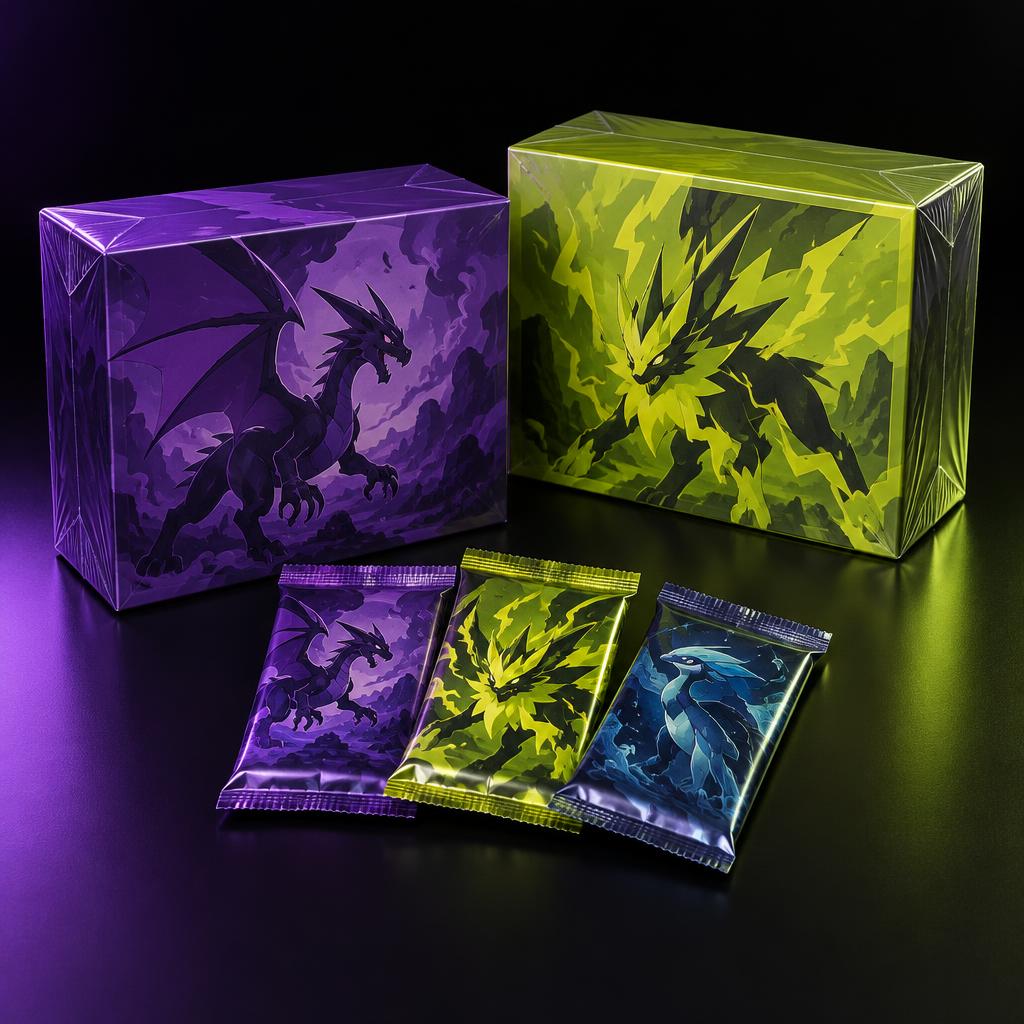 Illustrative sealed rectangular Elite Trainer Boxes alongside foil booster packs