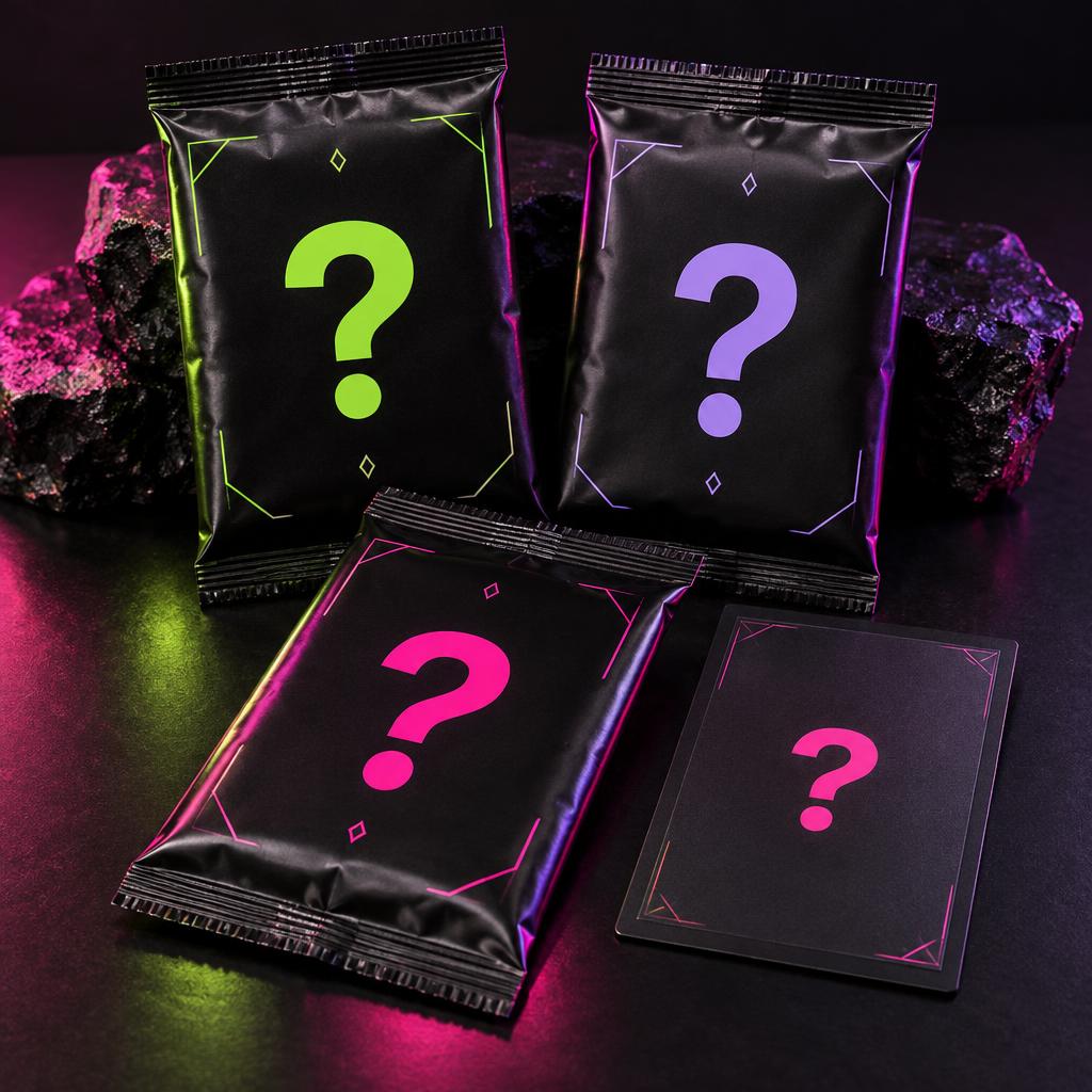 Illustrative opaque sealed mystery card packs and sleeve with question marks