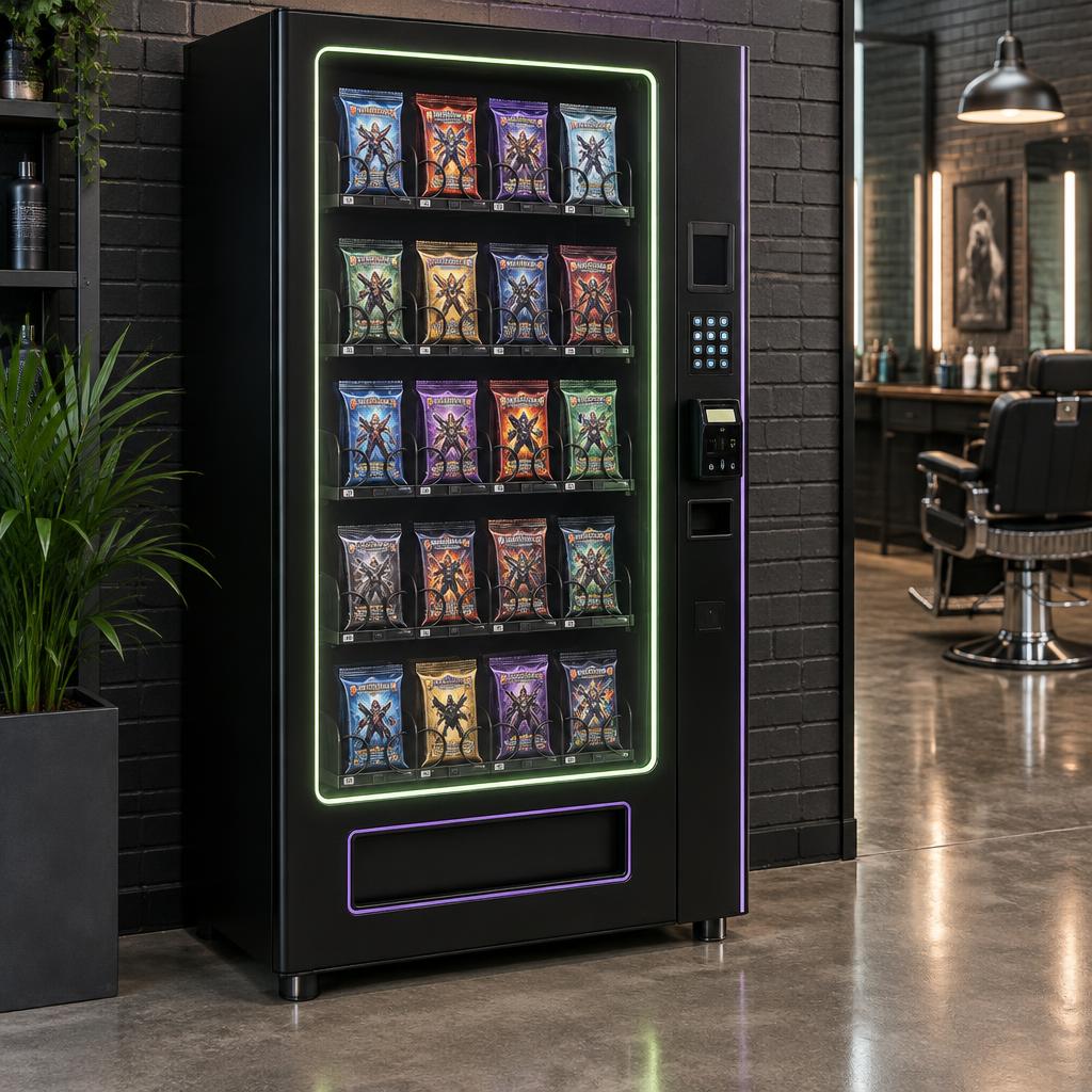 Concept illustration of a trading card vending machine in a barbershop